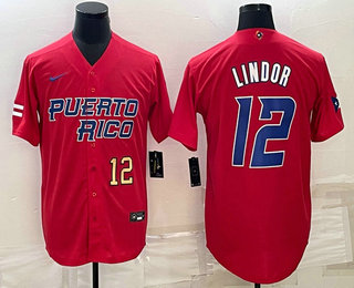 Mens Puerto Rico Baseball #12 Francisco Lindor Number 2023 Red World Baseball Classic Stitched Jersey->2023 world baseball classic->MLB Jersey